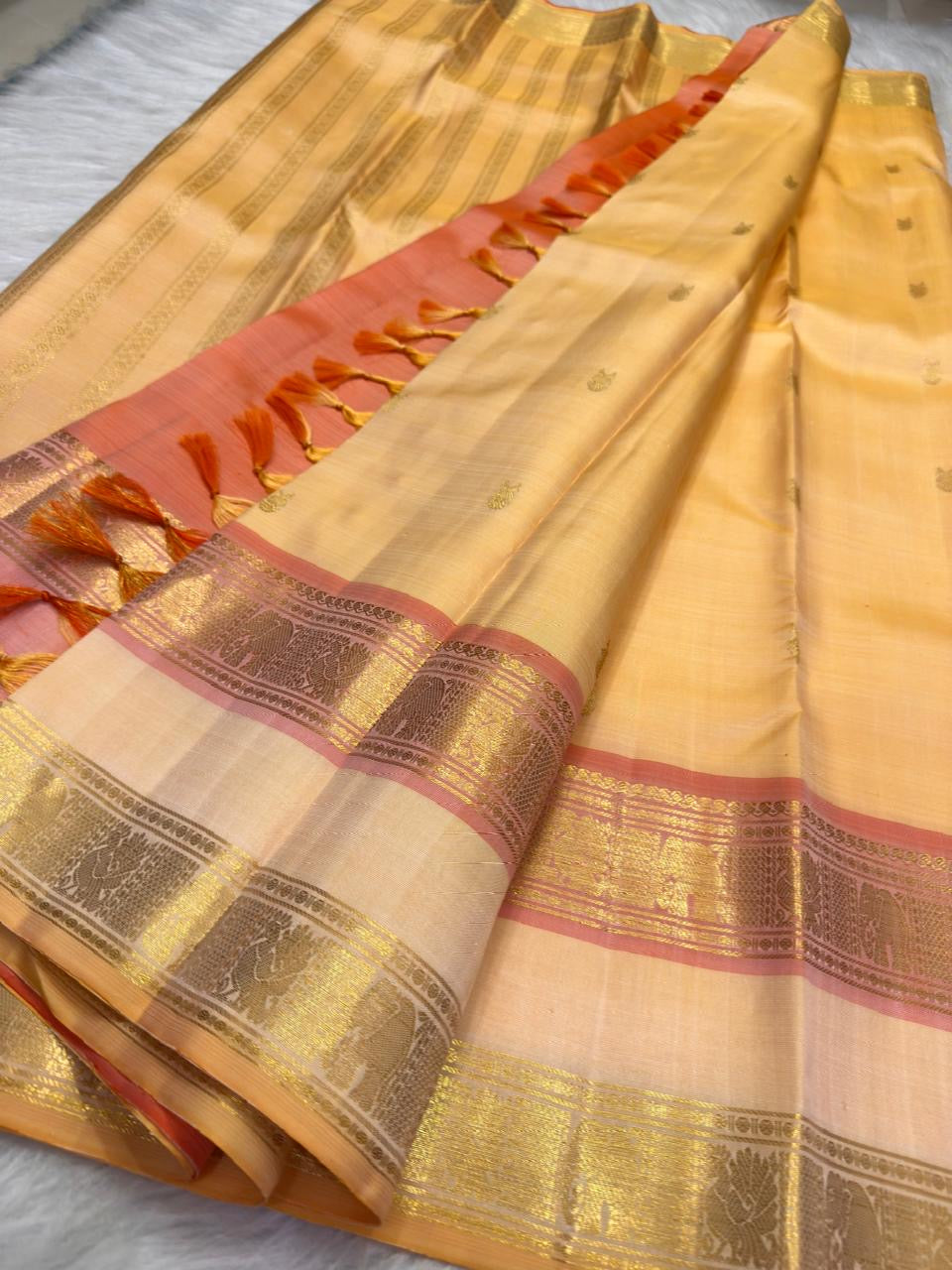 Pastel Peach Kanjeevaram silk saree, body weave texture close-up — Idam Living