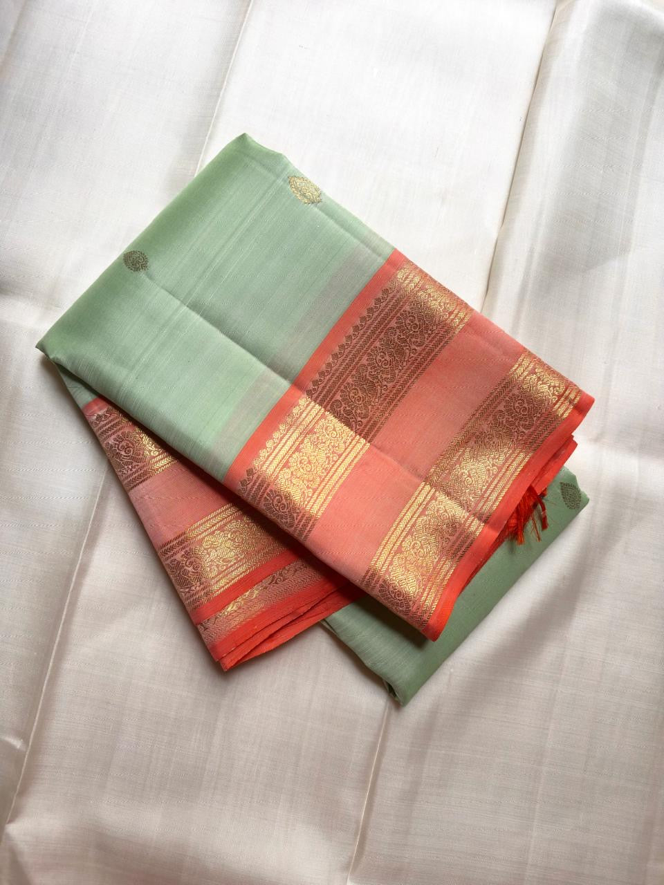 Pastel Pistachio Green Pure Silk Kancheepuram Rettapet Saree - antique gold zari mango buttas body detail