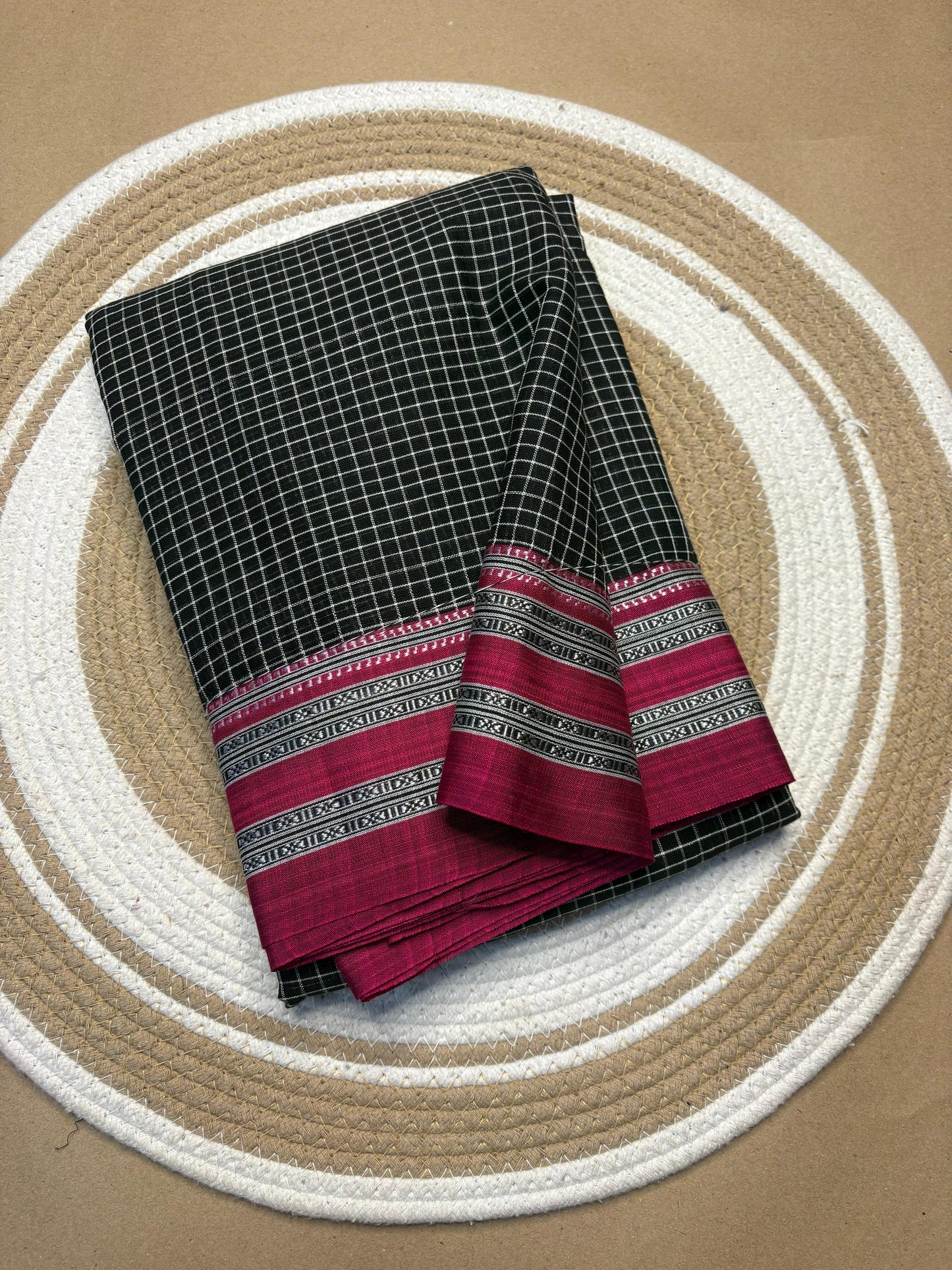 Patteda Anchu cotton saree festive styling full view — Idam Living