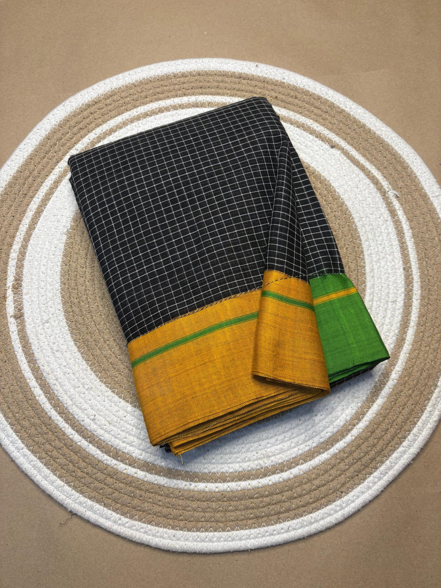 Reversible Patteda Anchu cotton saree draped view — Idam Living