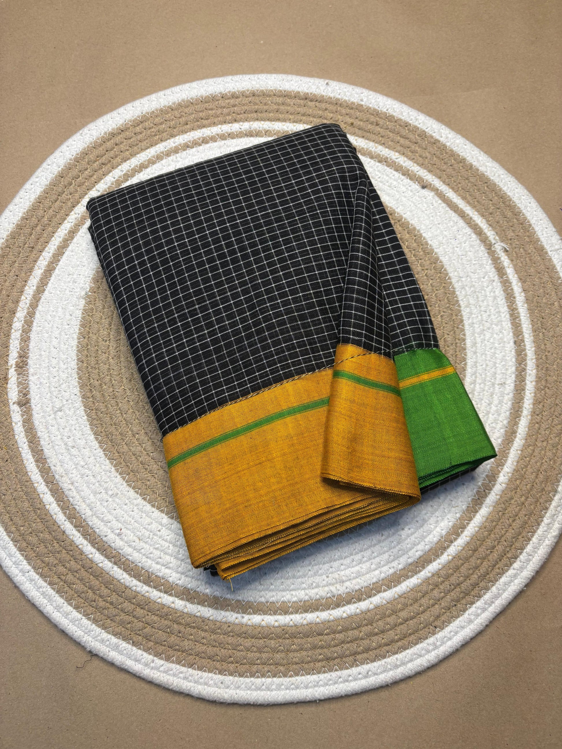 Reversible Patteda Anchu cotton saree draped view — Idam Living