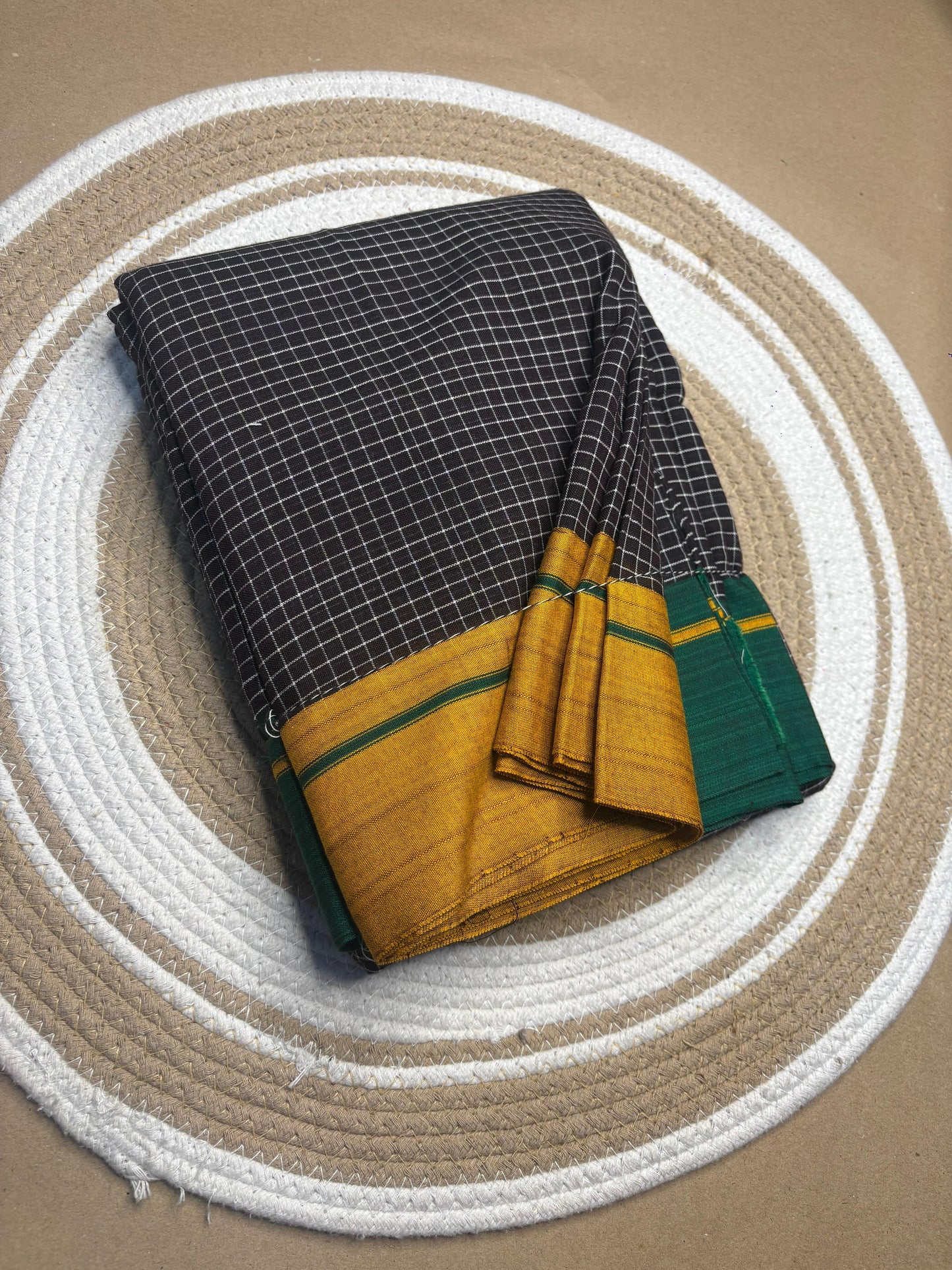 Patteda Anchu saree mustard and contrasting colour border close-up — Idam Living