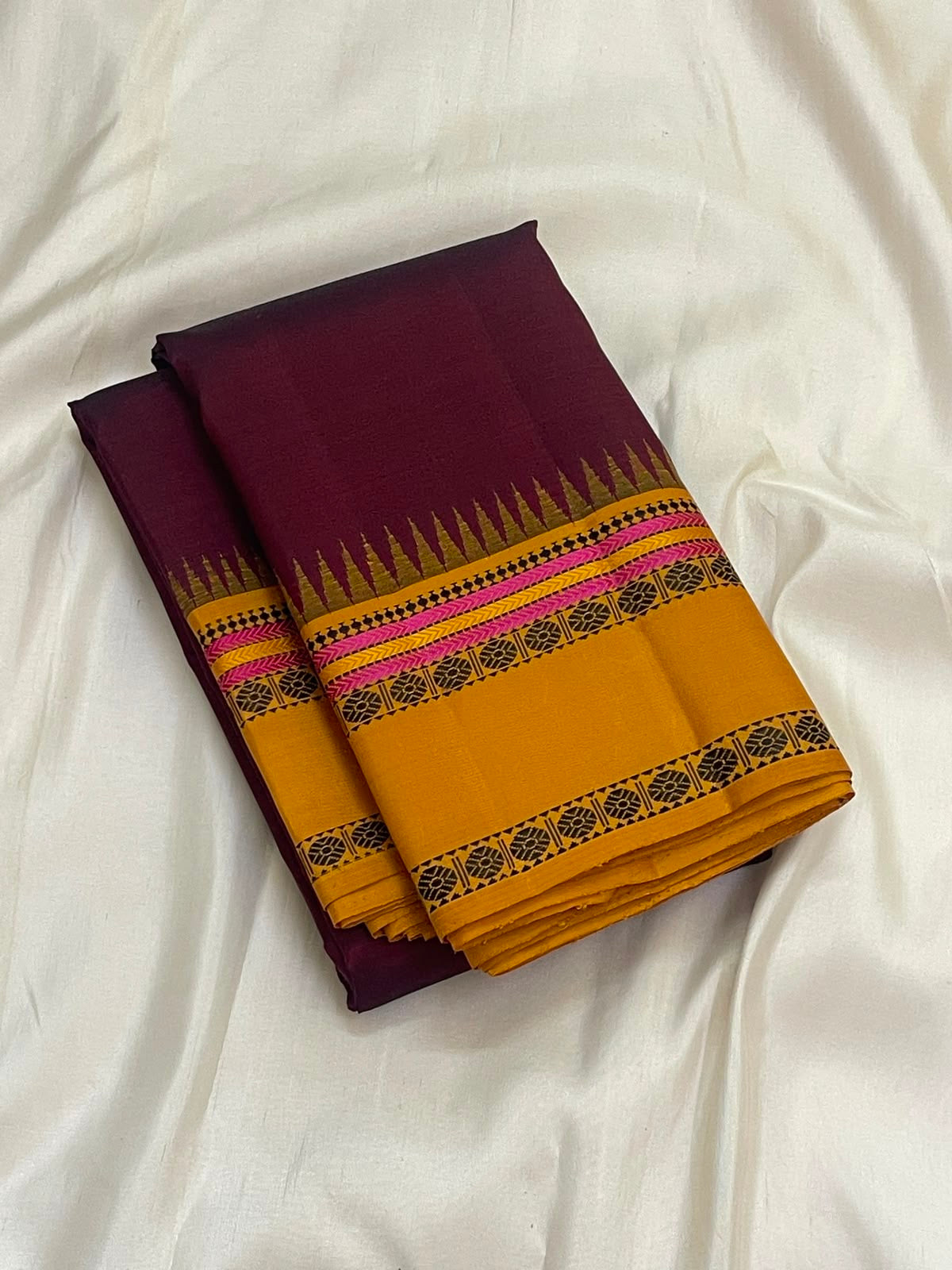 Mulberry Maroon Handwoven Pure Silk Kanchipuram Pattupet Saree with Turmeric Yellow Border