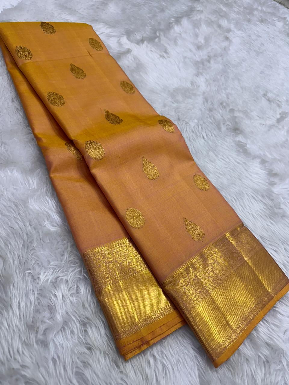 Burnished Marigold Handwoven Pure Silk Kanjeevaram Saree with Shot Colour and Zari Buttas