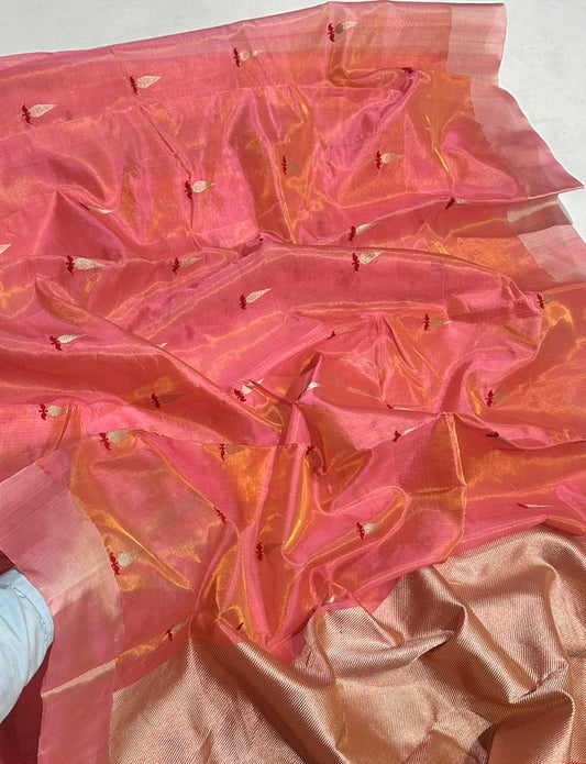 Folded view of Peach Ember Pure Silk Chanderi Saree with Antique Gold Border