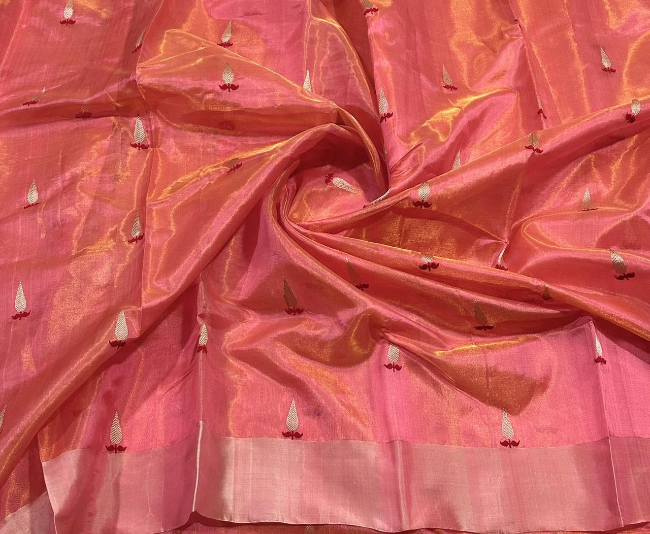 Draped view of Peach Ember Pure Silk Chanderi Saree with Antique Gold Border