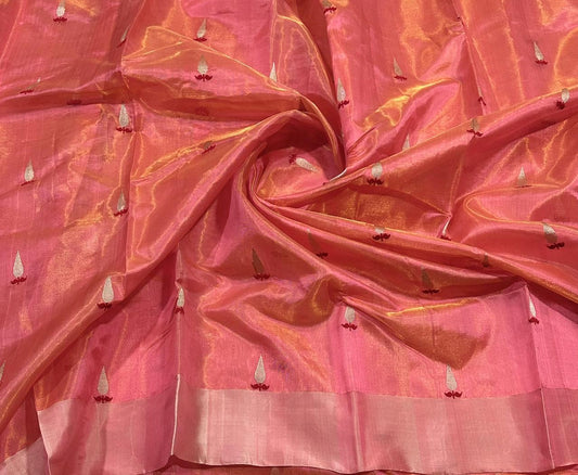 Draped view of Peach Ember Pure Silk Chanderi Saree with Antique Gold Border