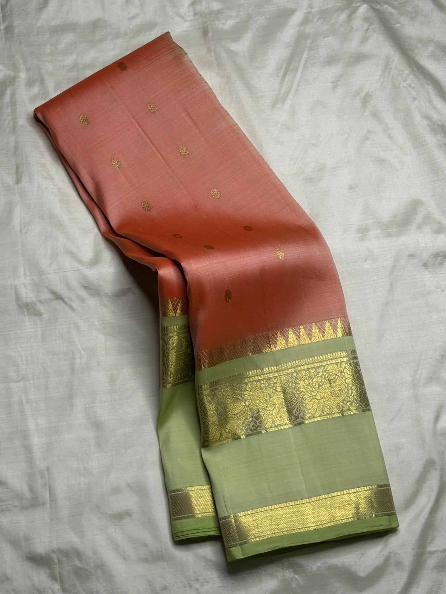 Handwoven golden peach and parrot green rettapet korvai pure silk Kancheepuram saree — Idam Living