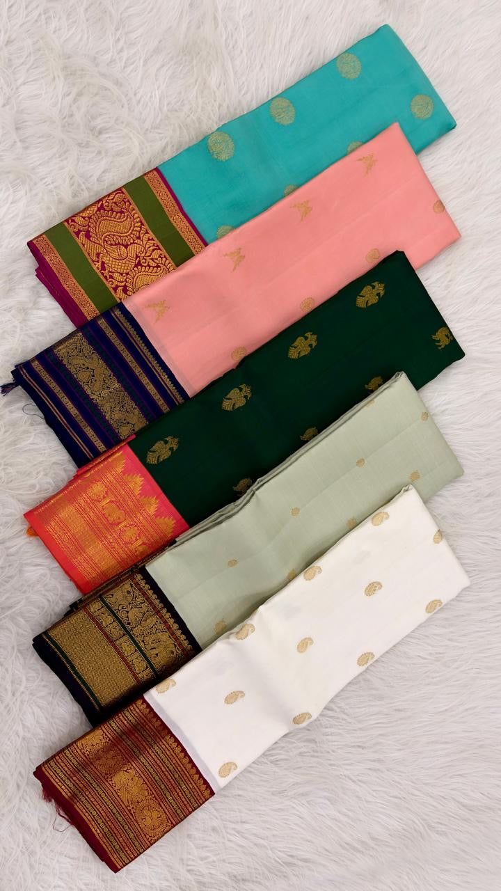 Coral Peach Handwoven Pure Silk KanchiPattu Saree with Royal Indigo Varisaipet Zari Border