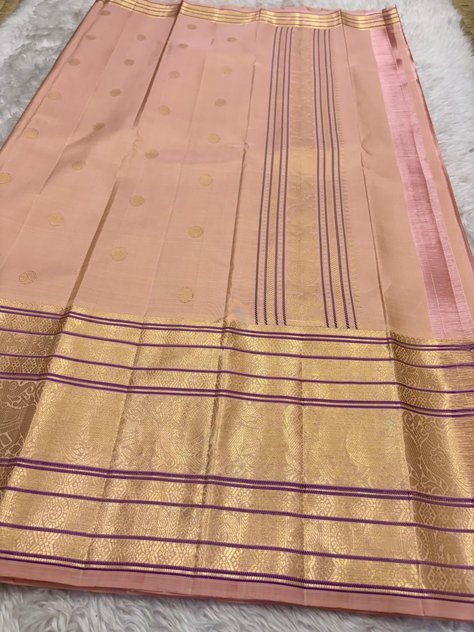 Vairaoosi body with mayil and elephant butta in gold zari on peach Kanchipuram pure silk saree — Idam Living