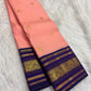 Coral Peach Handwoven Pure Silk KanchiPattu Saree with Royal Indigo Varisaipet Zari Border