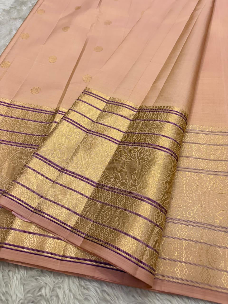 Varisaipet vanasringaram gold zari border on peach Kancheepuram pure silk saree — Idam Living
