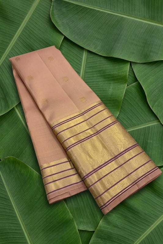 Peach handwoven Kancheepuram pure silk saree with vairaoosi weave and varisaipet mayil butta border — Idam Living