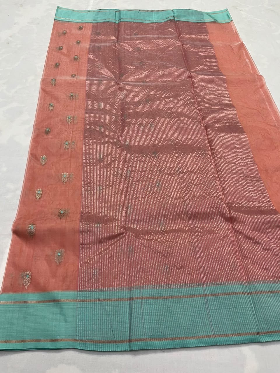 Peach Katan Silk Chanderi handloom saree