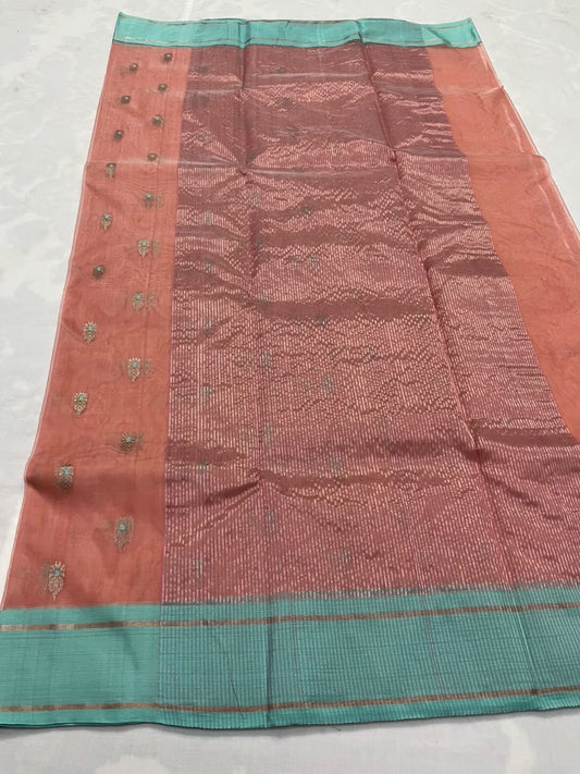 Peach Katan Silk Chanderi handloom saree