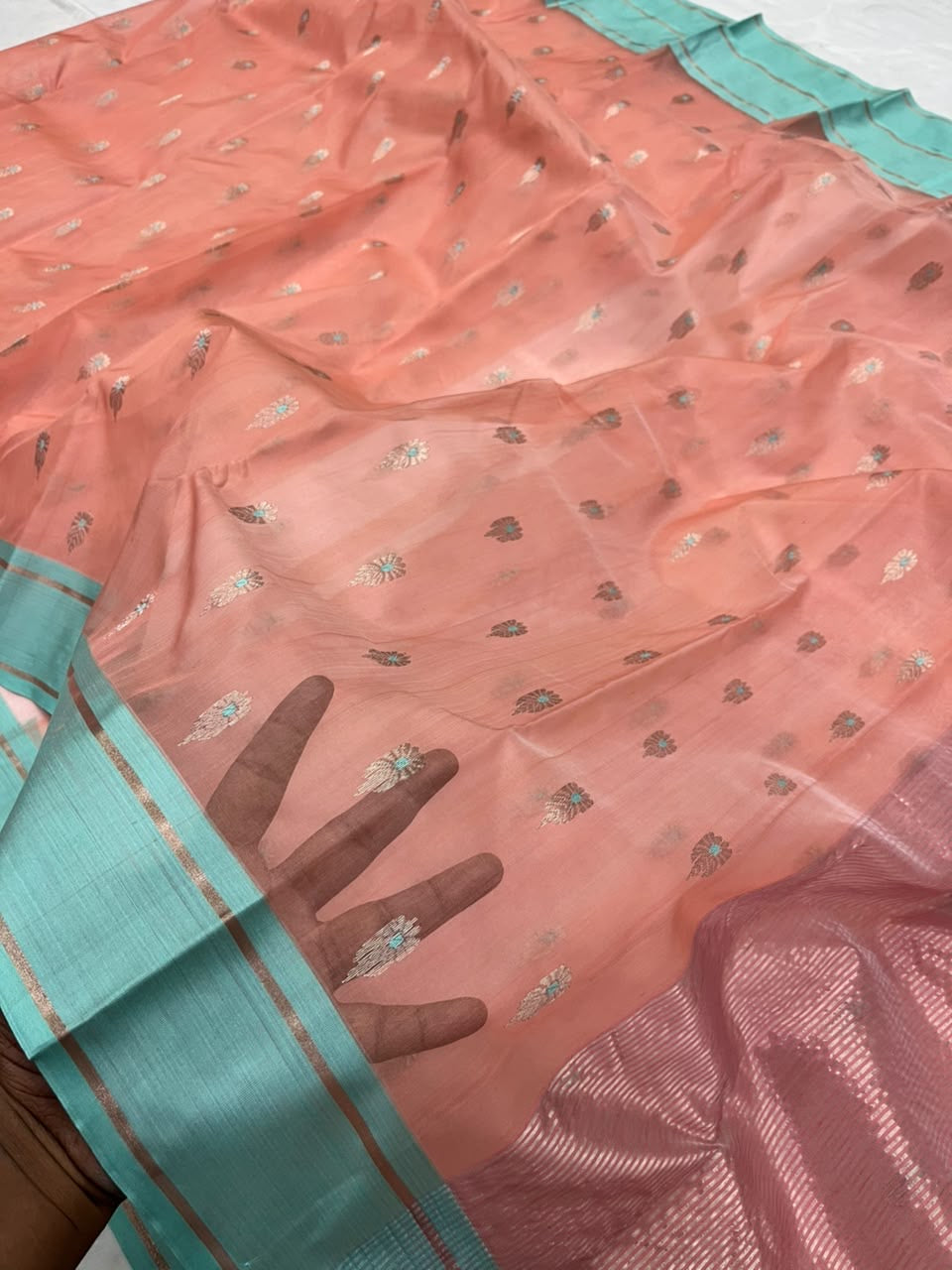 Peach Chanderi with aqua blue borders