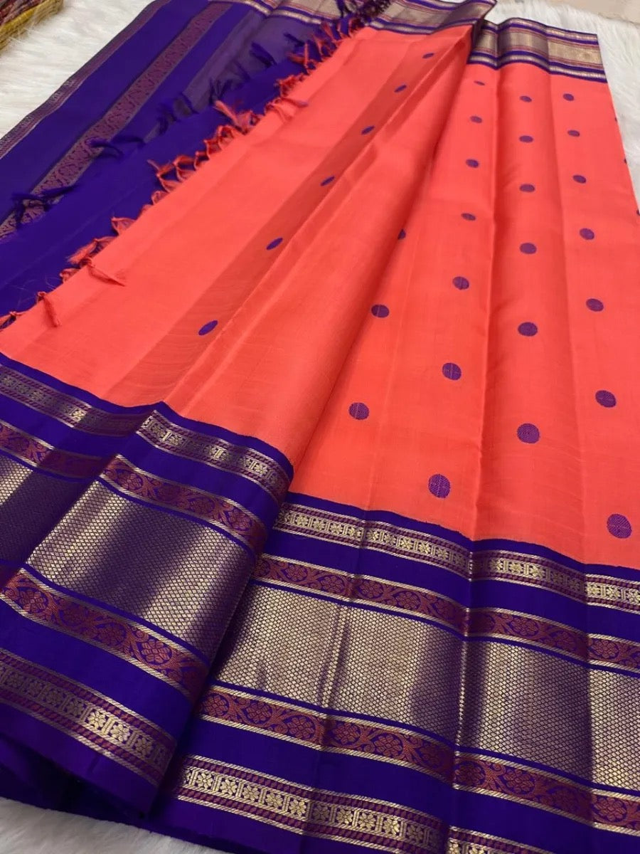 Peach Korvai Kanjivaram pure silk saree draped view