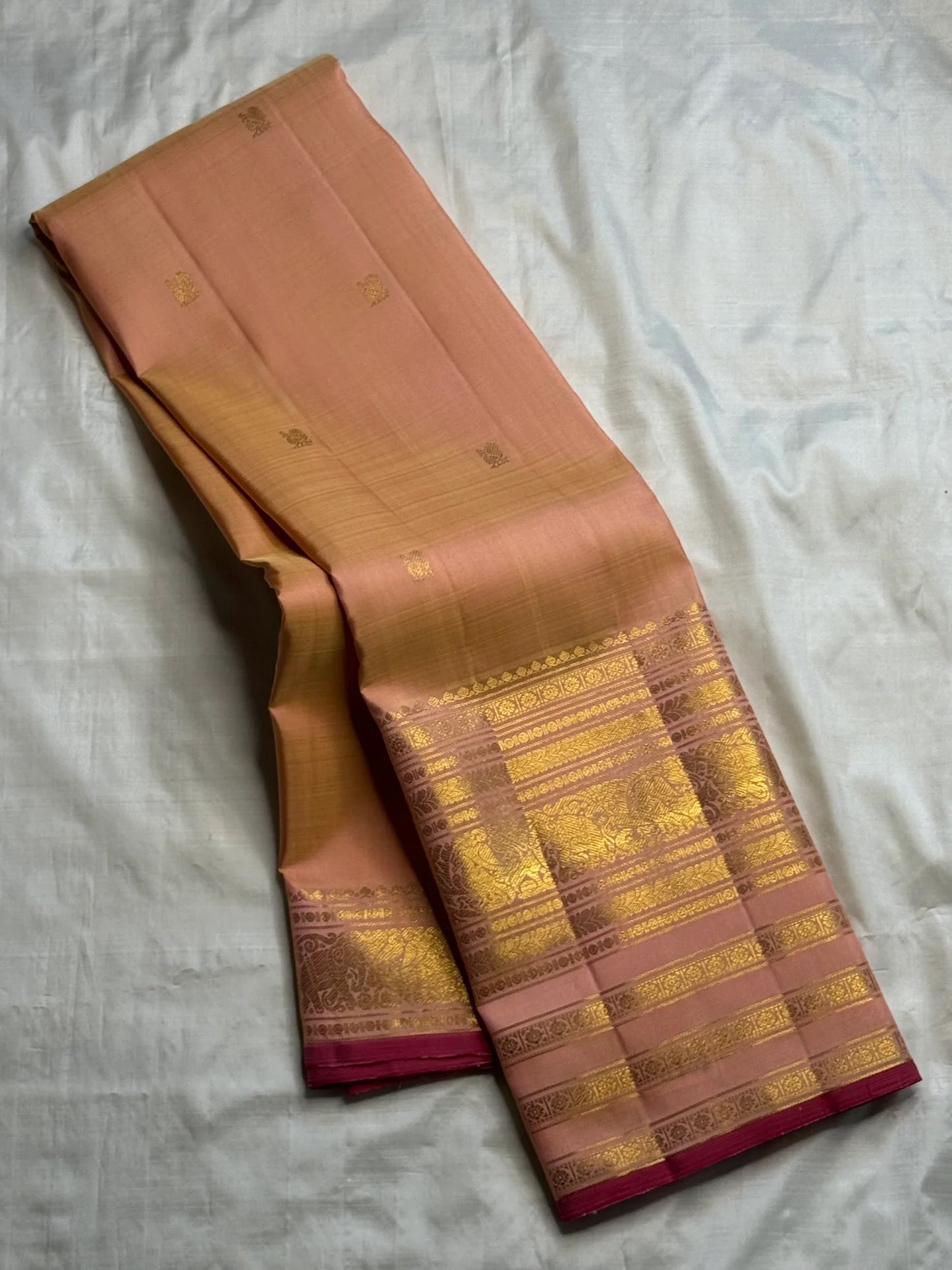 Peach and Maroon Handwoven Pure Silk Kanchipuram Saree with Varisaipet Peacock Border