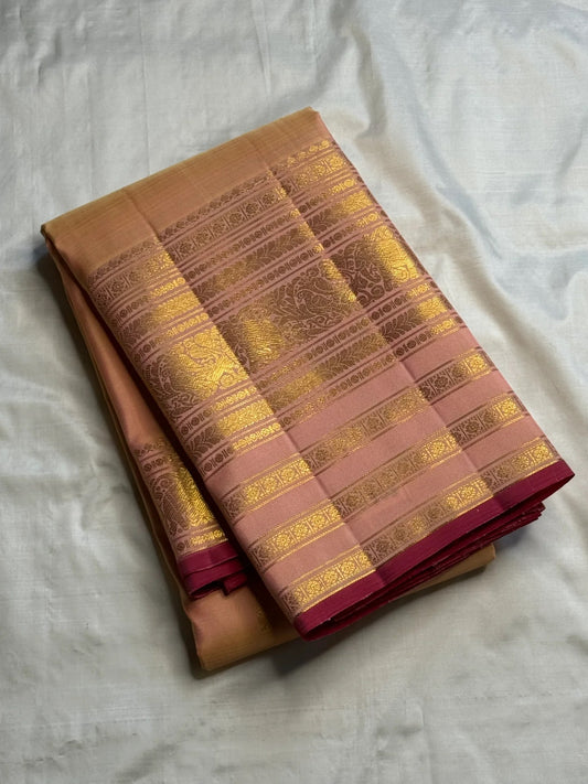 Peach and Maroon Handwoven Pure Silk Kanchipuram Saree with Varisaipet Peacock Border