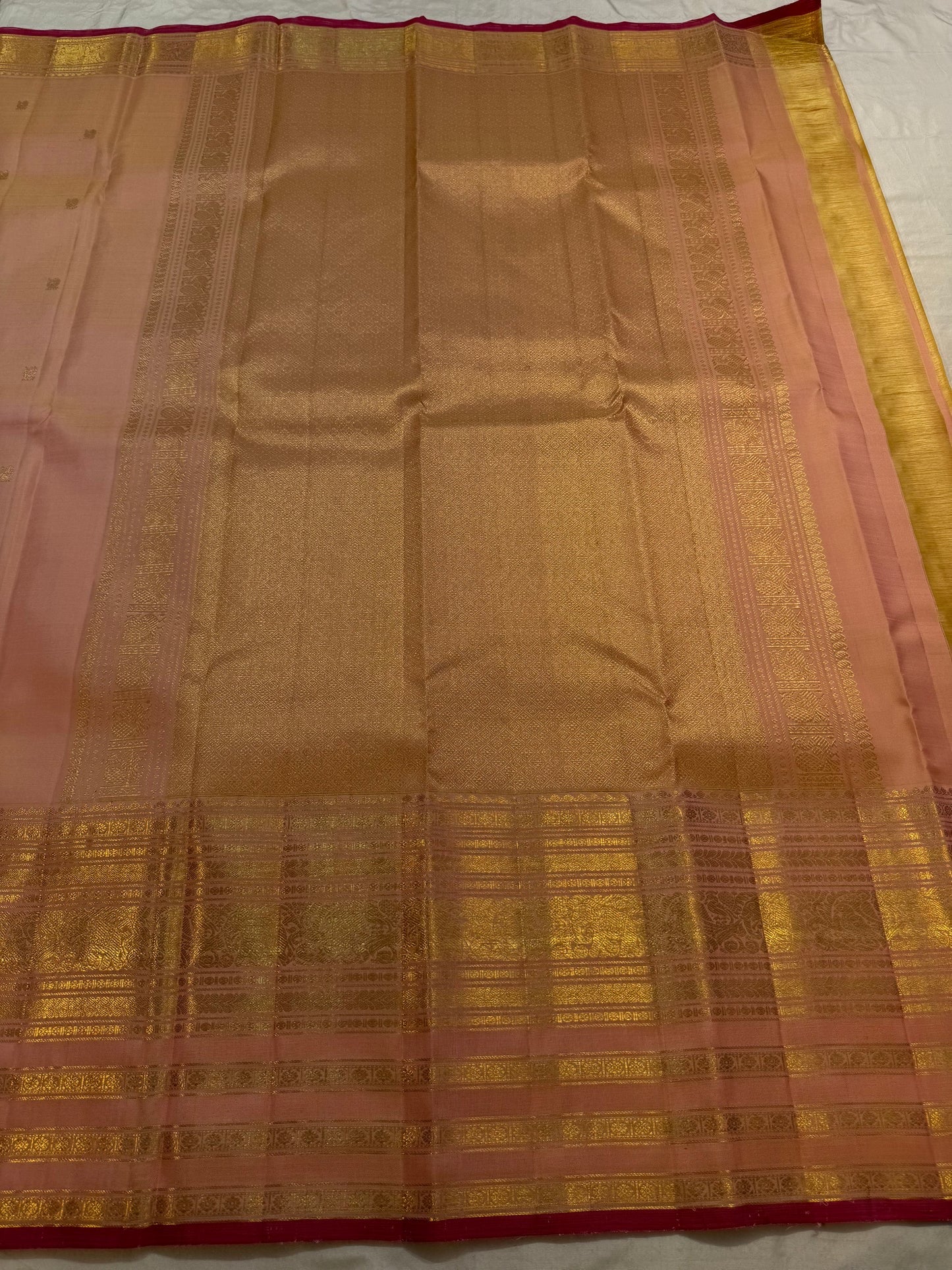 Peach and Maroon Handwoven Pure Silk Kanchipuram Saree with Varisaipet Peacock Border