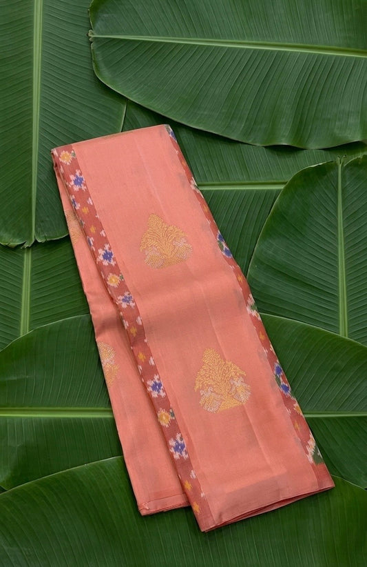 Peach and peach pink butta Kanjeevaram silk saree with pochampally ikat border and hexagonal silk thread butta — Idam Living