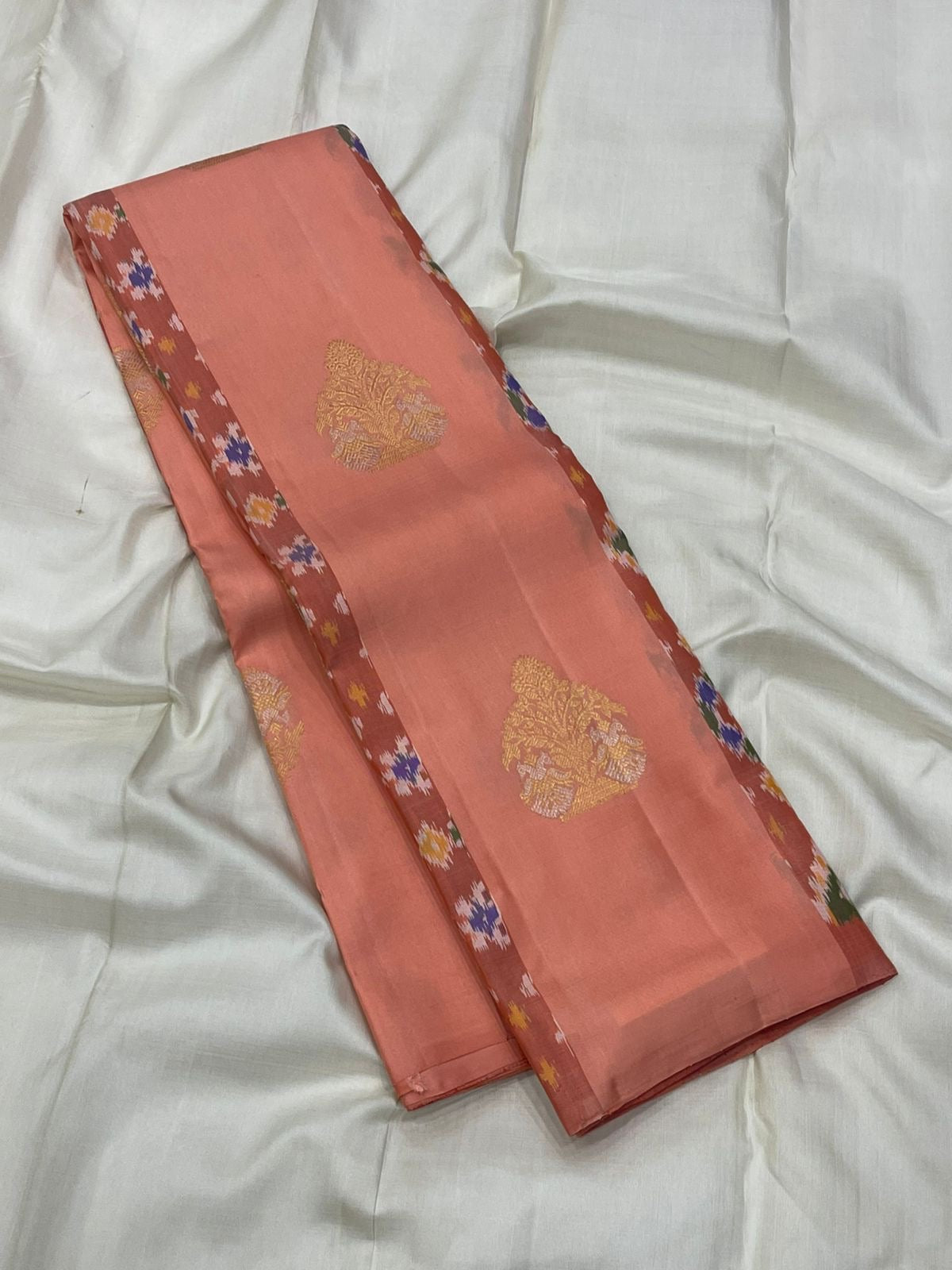 Peach pink pochampally ikat pallu with geometric panels on peach Kanjeevaram silk saree — Idam Living