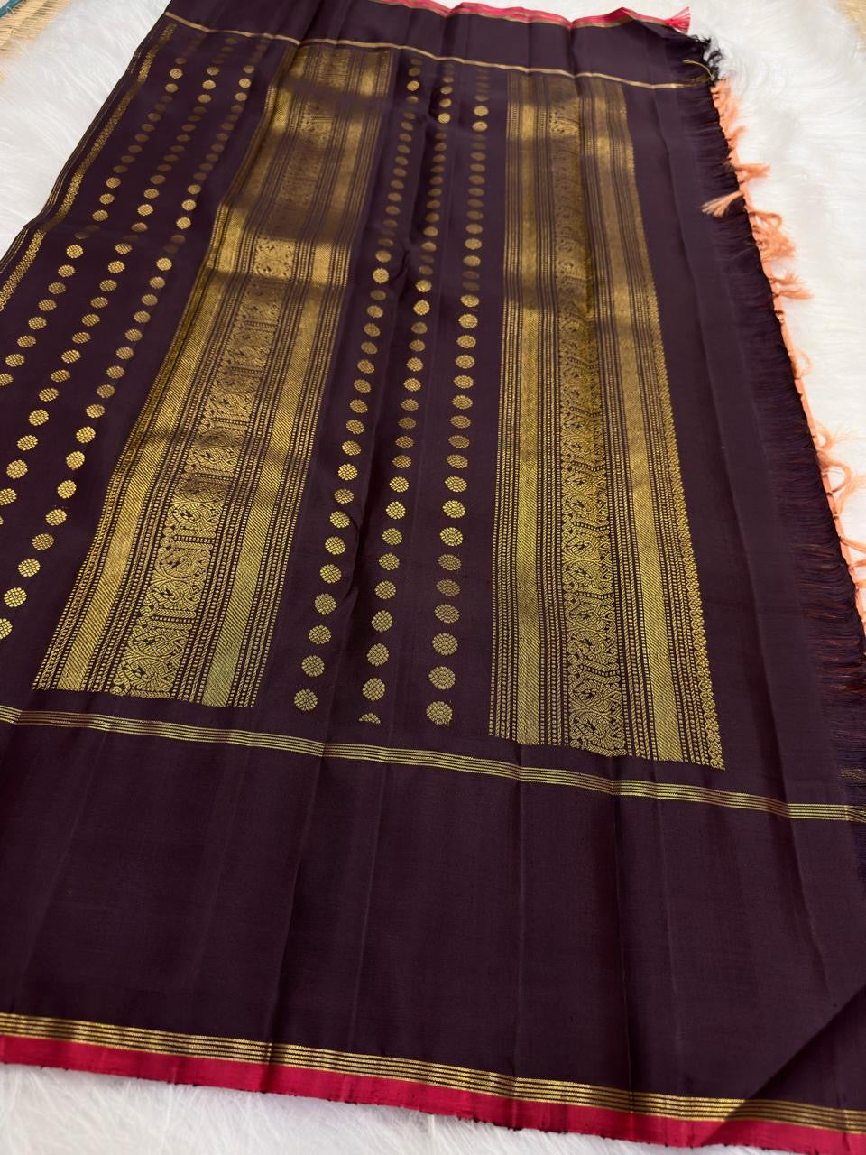 Soft Peach Pink Handwoven Pure Silk Kanchi Pattu Saree with Deep Aubergine Rettapet Border and Zari Buttas