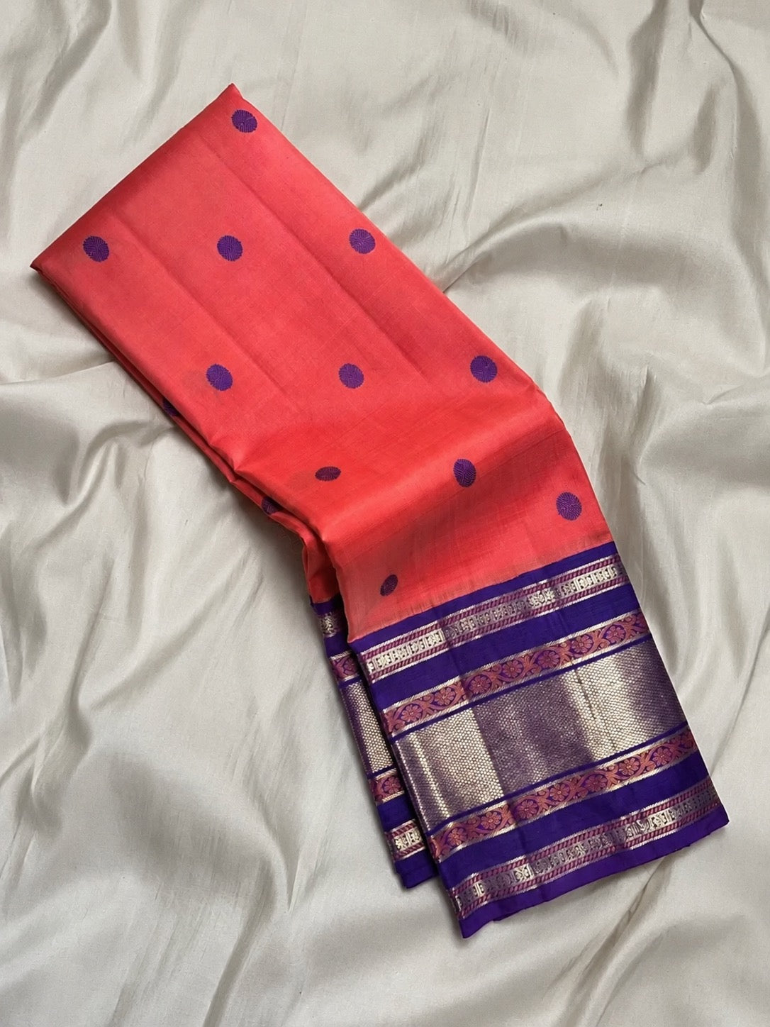 Peach and Purple Korvai Kanjivaram silk saree full view