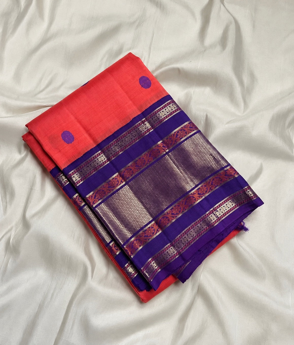 Peach Seer Pett Kanchipuram silk saree with purple border