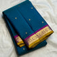 Peacock blue Butta pure silk Kancheepuram saree with magenta-gold border — full overview — Idam Living