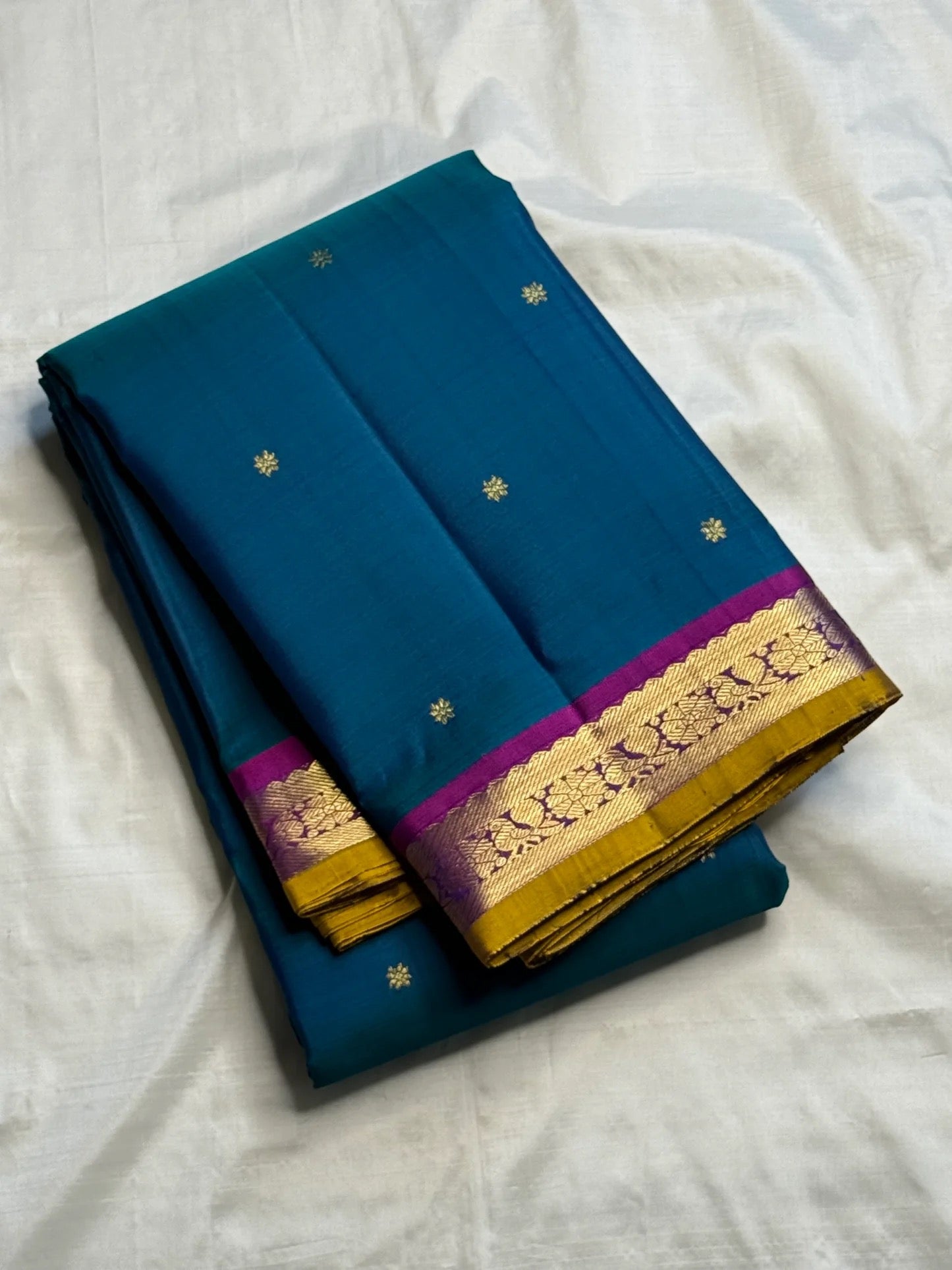 Peacock blue Butta pure silk Kancheepuram saree with magenta-gold border — full overview — Idam Living
