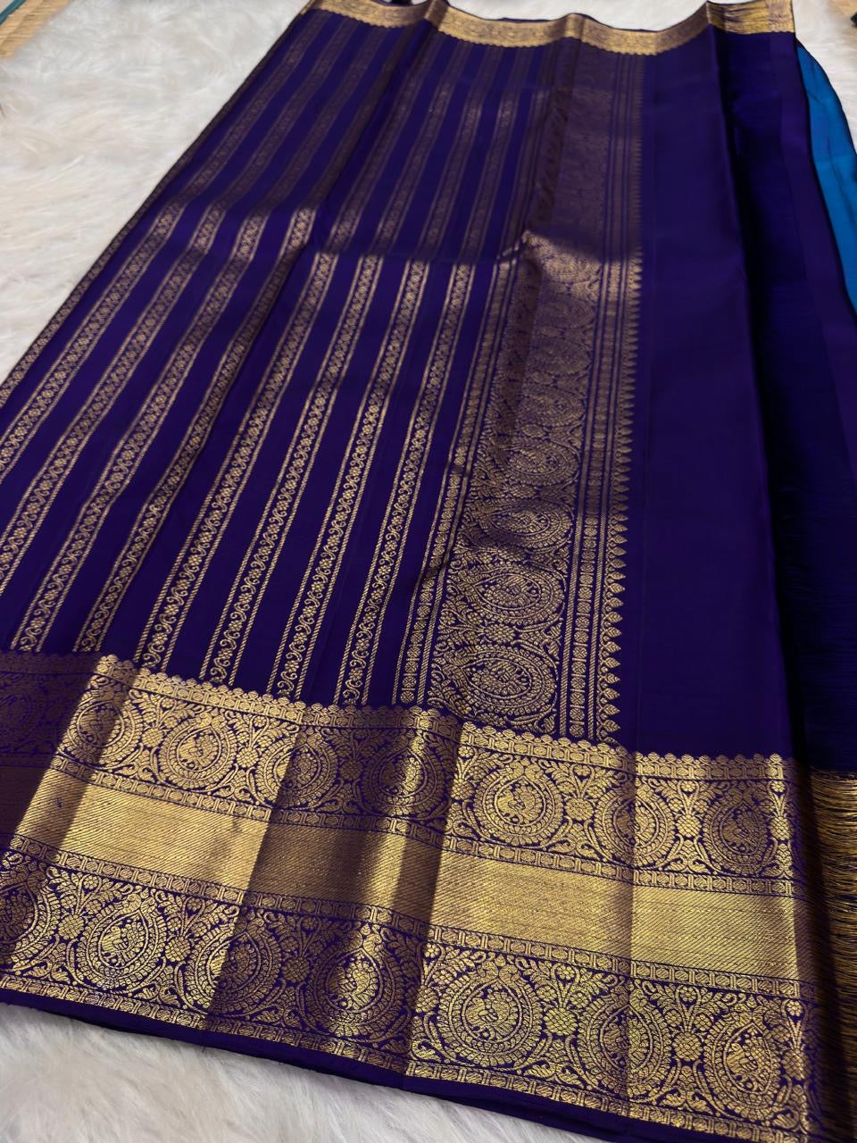 Peacock Blue Handwoven Pure Silk Kancheepuram Saree with Gold Buttas and Deep Violet Zari Border