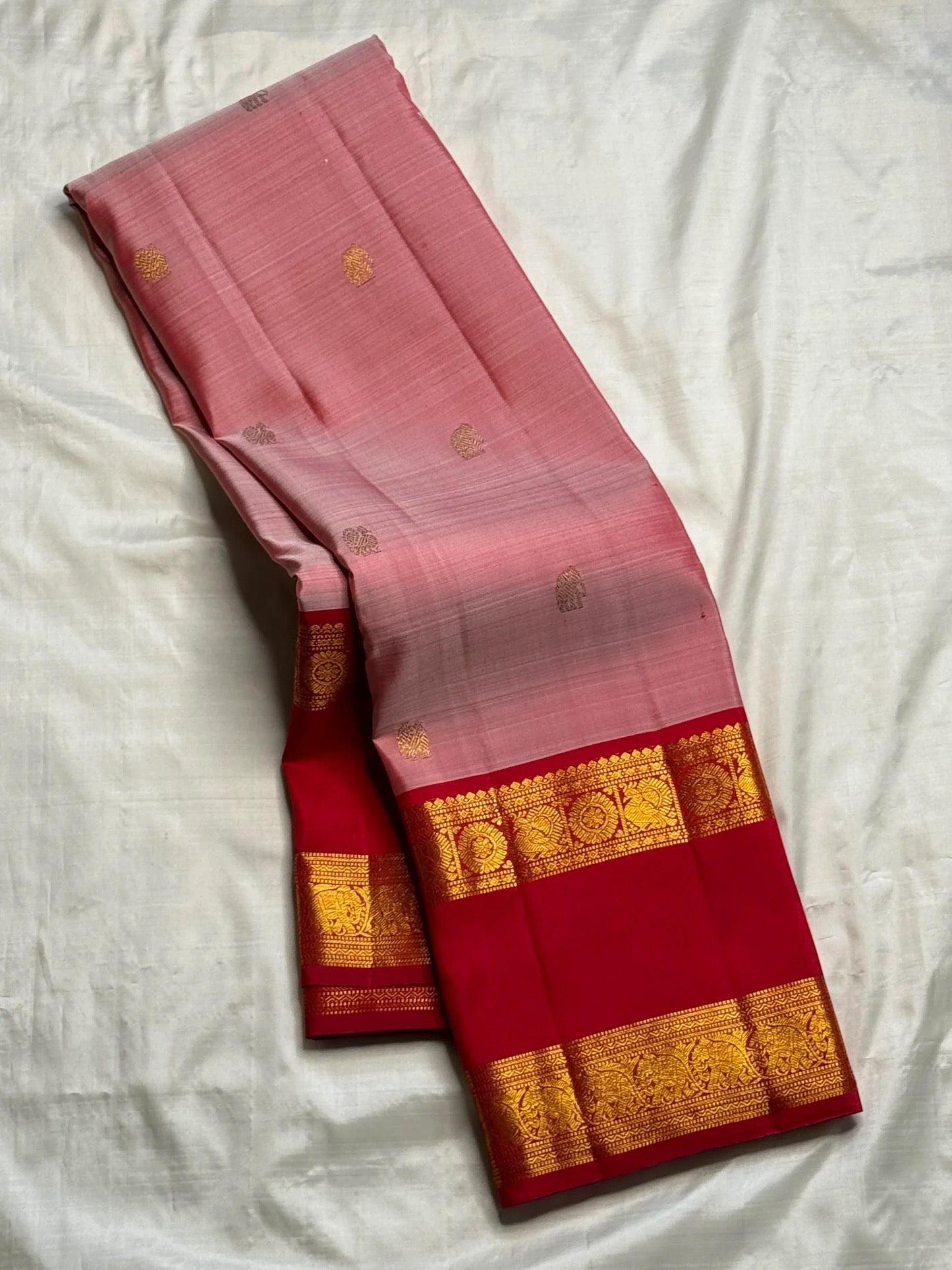 Vintage Rose and Ruby Red Handwoven Pure Silk Kanchipuram Saree with Rettapet Border