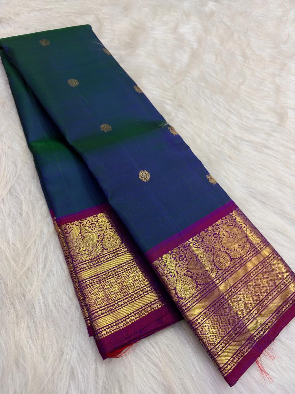 Peacock Blue Emerald Shot Silk Handwoven Pure Silk Kanchipuram Saree with Mayil Zari Border