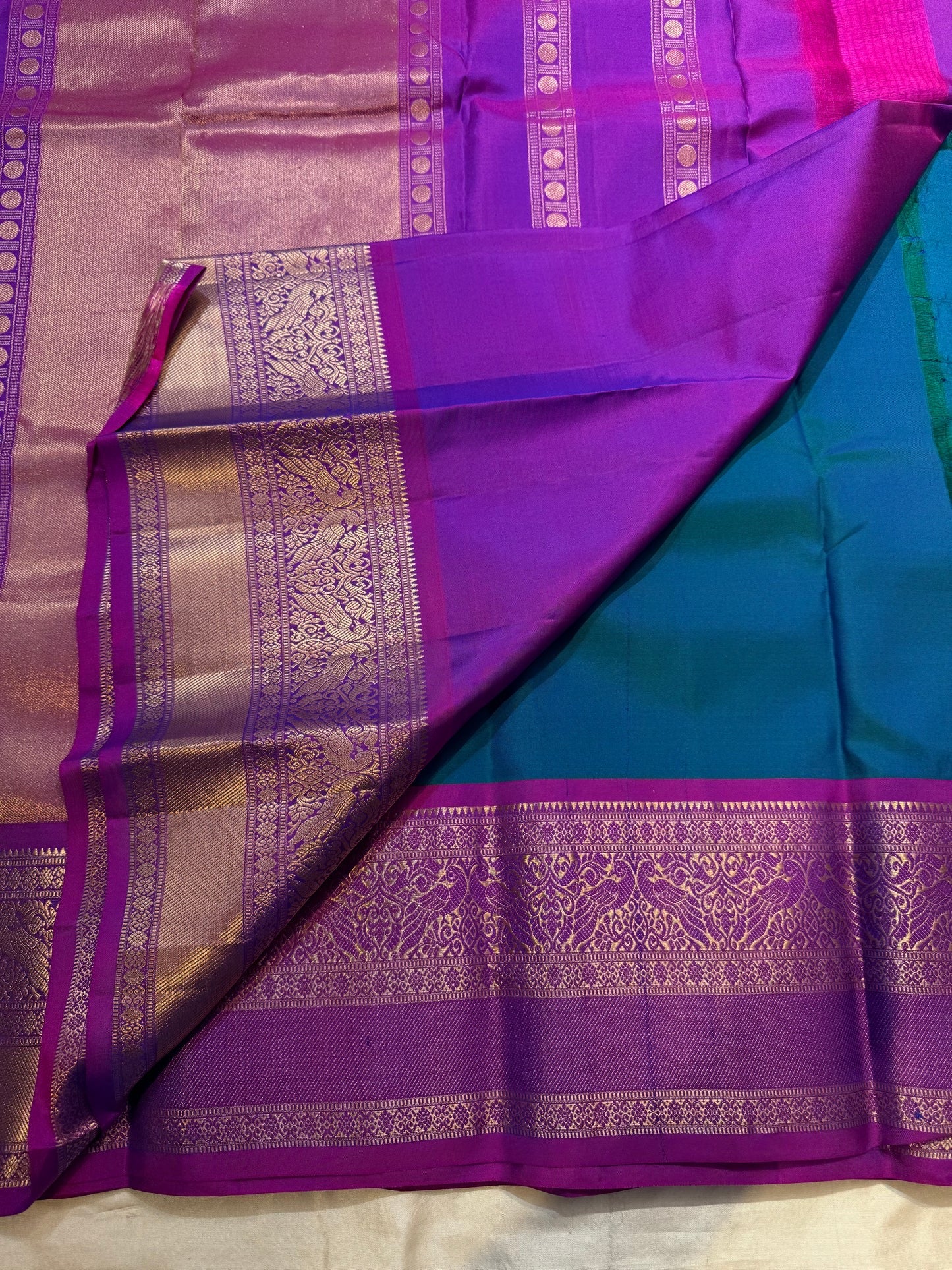 Peacock Blue pure silk Kancheepuram saree — gold butta