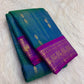 Peacock-blue-green shot-colour silk, Kanjipuram Vairaoosi saree close-up