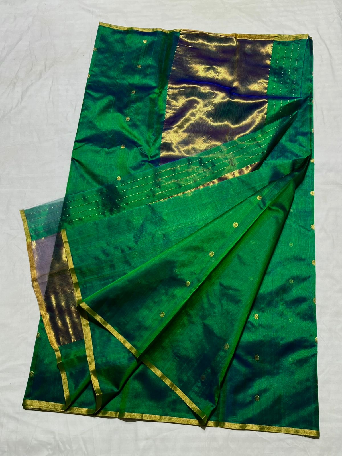 Luminous Peacock Blue Green Pure Silk Chanderi Handloom Saree