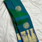 Open Peacock Neck Blue-Green Pure Silk Kanchipuram Butta saree with large Veena-Peacock gold zari medallions and Sky Blue border.