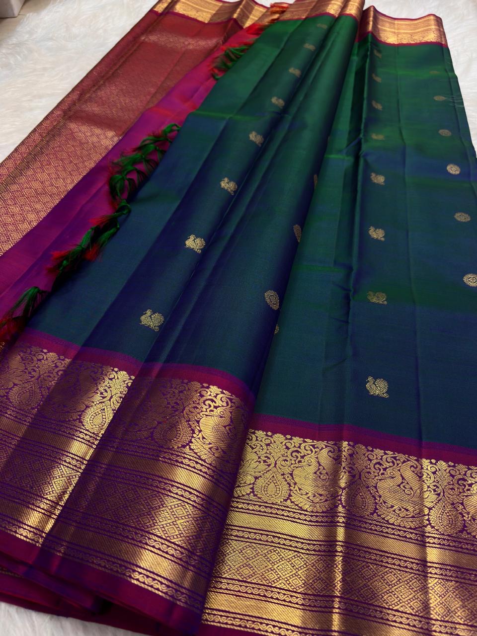 Peacock Blue Emerald Shot Silk Handwoven Pure Silk Kanchipuram Saree with Mayil Zari Border