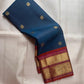 Peacock blue pure silk Kanchipuram saree with gold zari Butta motifs, full drape view