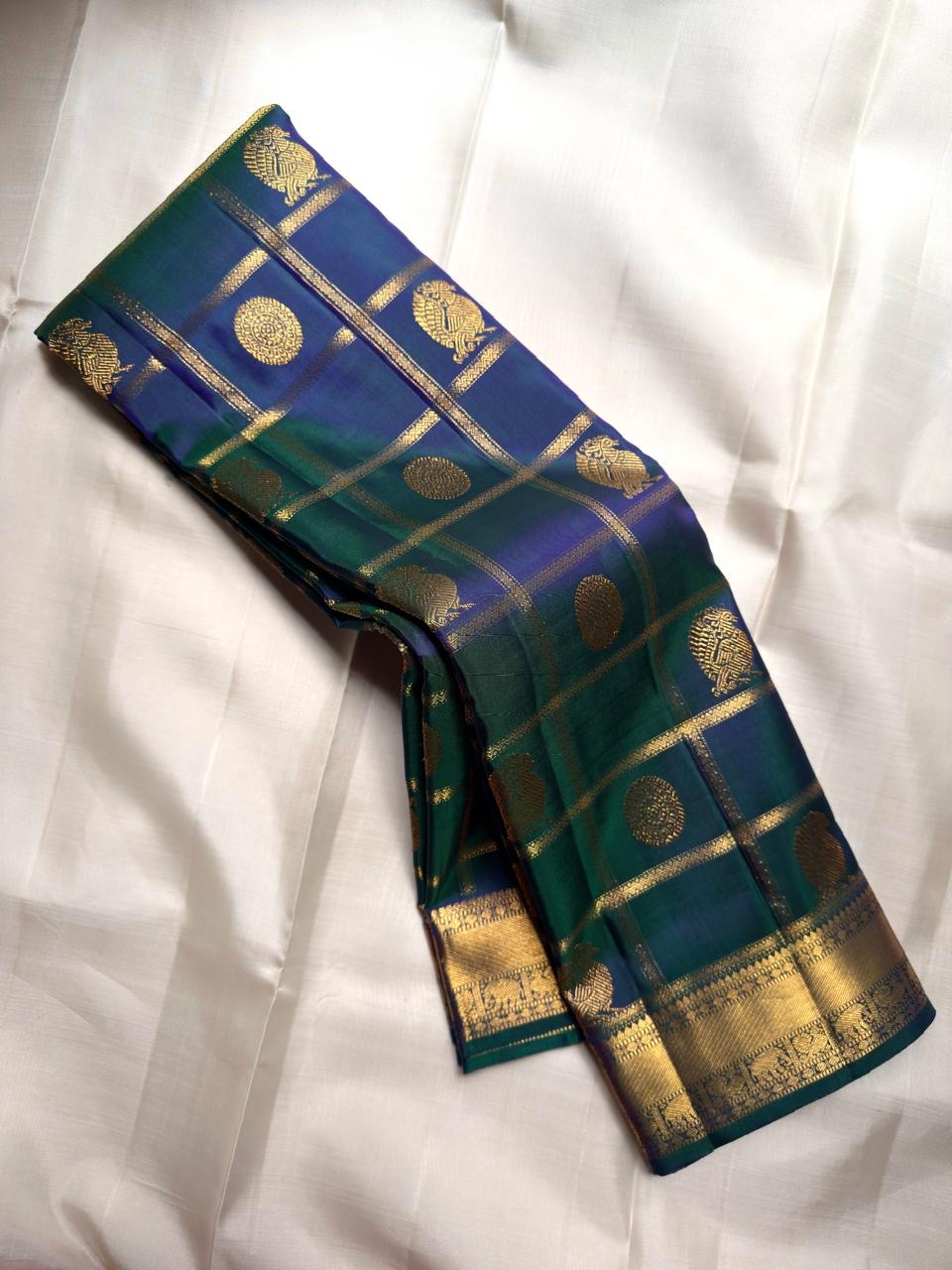 Peacock Blue Handwoven Pure Silk Kanchipuram Saree with Zari Kattam Border