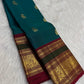 Peacock Blue and Maroon Handwoven Pure Silk Kancheepuram Saree with Maanga Butta and Gandaberunda Border