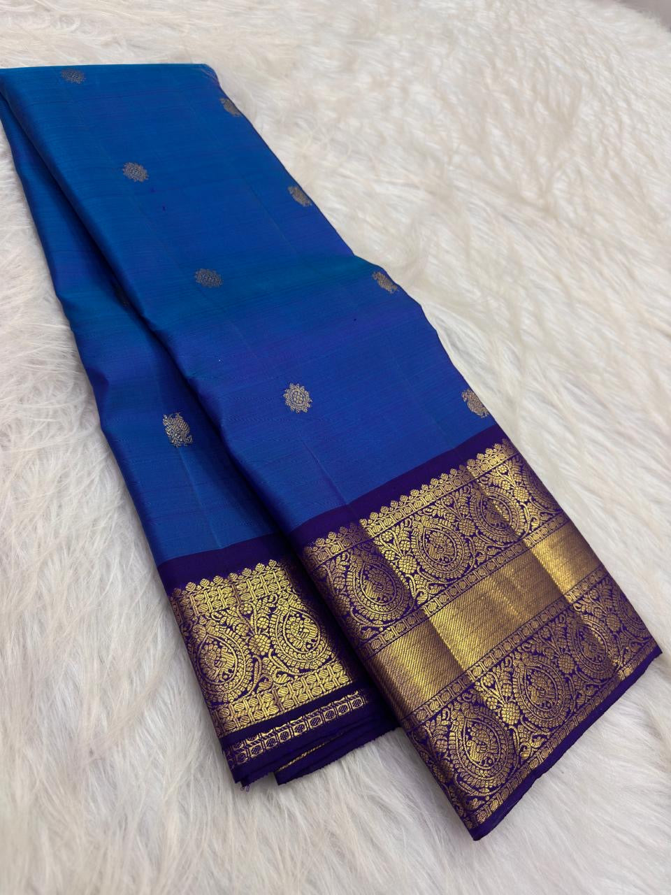 Peacock Blue Handwoven Pure Silk Kancheepuram Saree with Gold Buttas and Deep Violet Zari Border