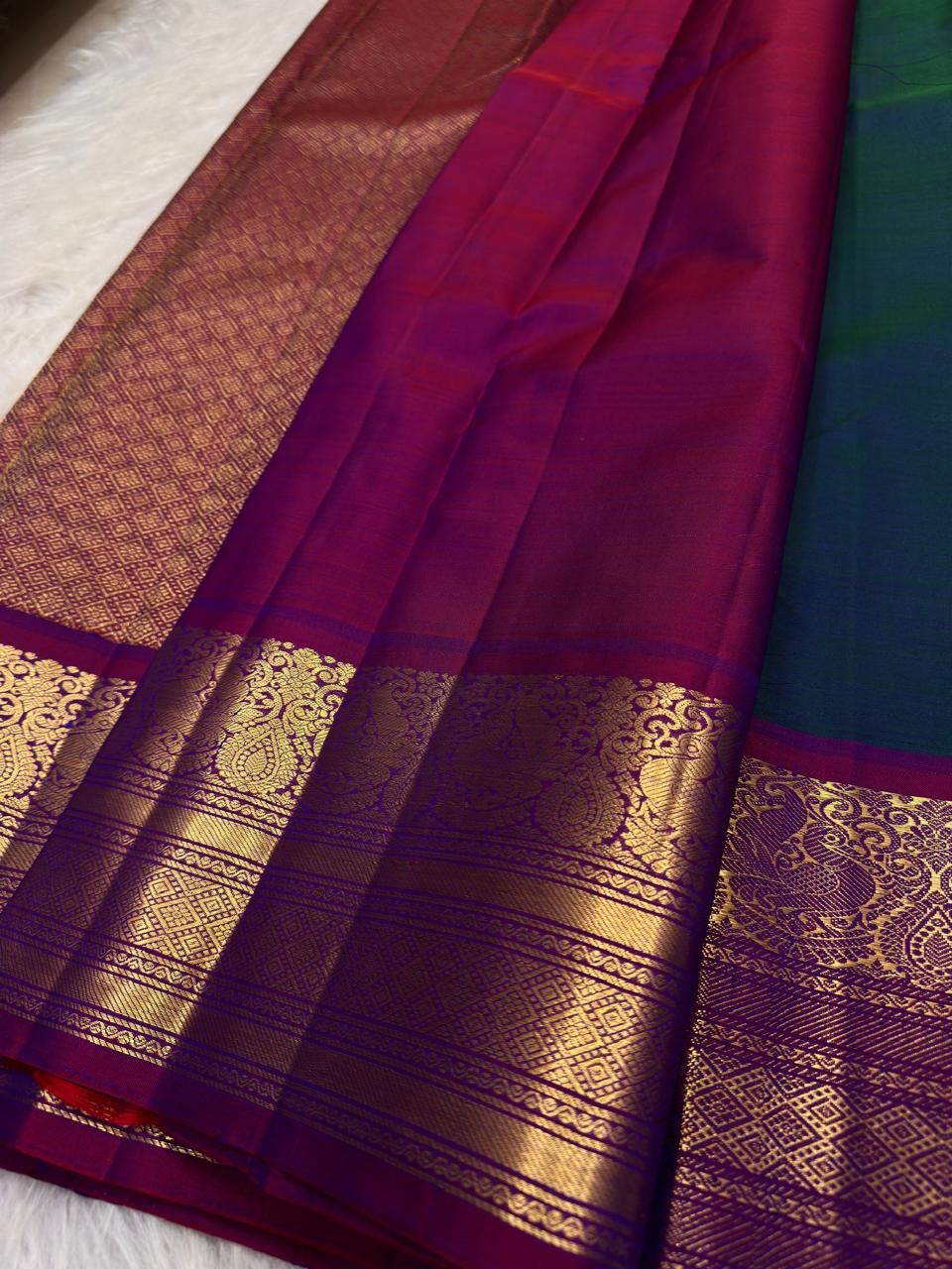 Peacock Blue Emerald Shot Silk Handwoven Pure Silk Kanchipuram Saree with Mayil Zari Border