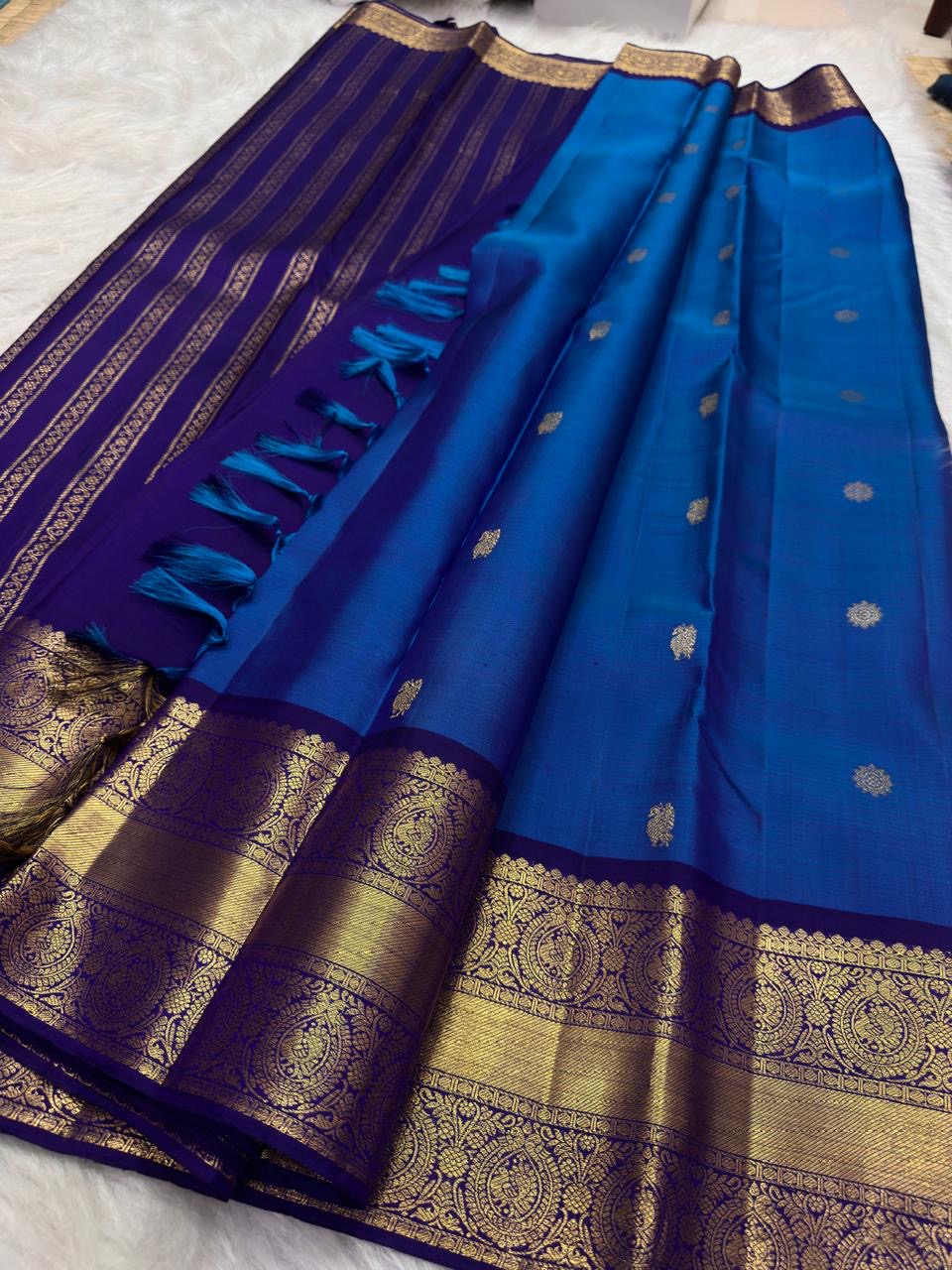 Peacock Blue Handwoven Pure Silk Kancheepuram Saree with Gold Buttas and Deep Violet Zari Border