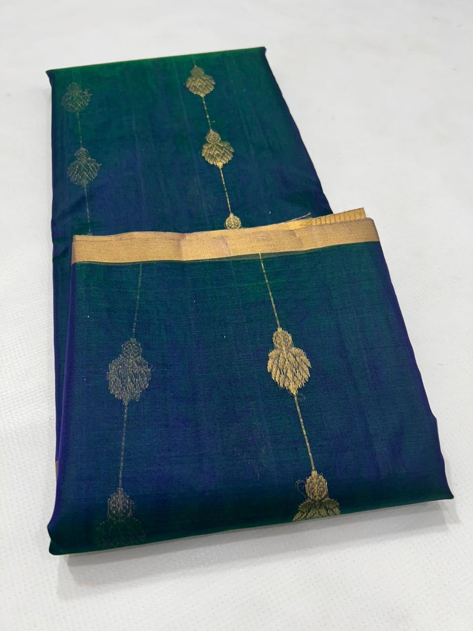 Lightweight Chanderi silk tissue saree in blue green shade for festive occasions