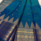 Peacock Blue Thazampoo Reku pure silk Kanchipuram saree, full saree, showing deep oceanic peacock blue with a teal-green glimmer, royal blue border accents and antique-gold zari