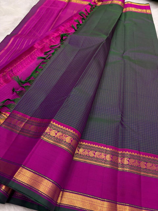 Peacock Green and Magenta Handwoven Pure Silk Kanjipuram Saree with Zari Kattam Rettapet Border
