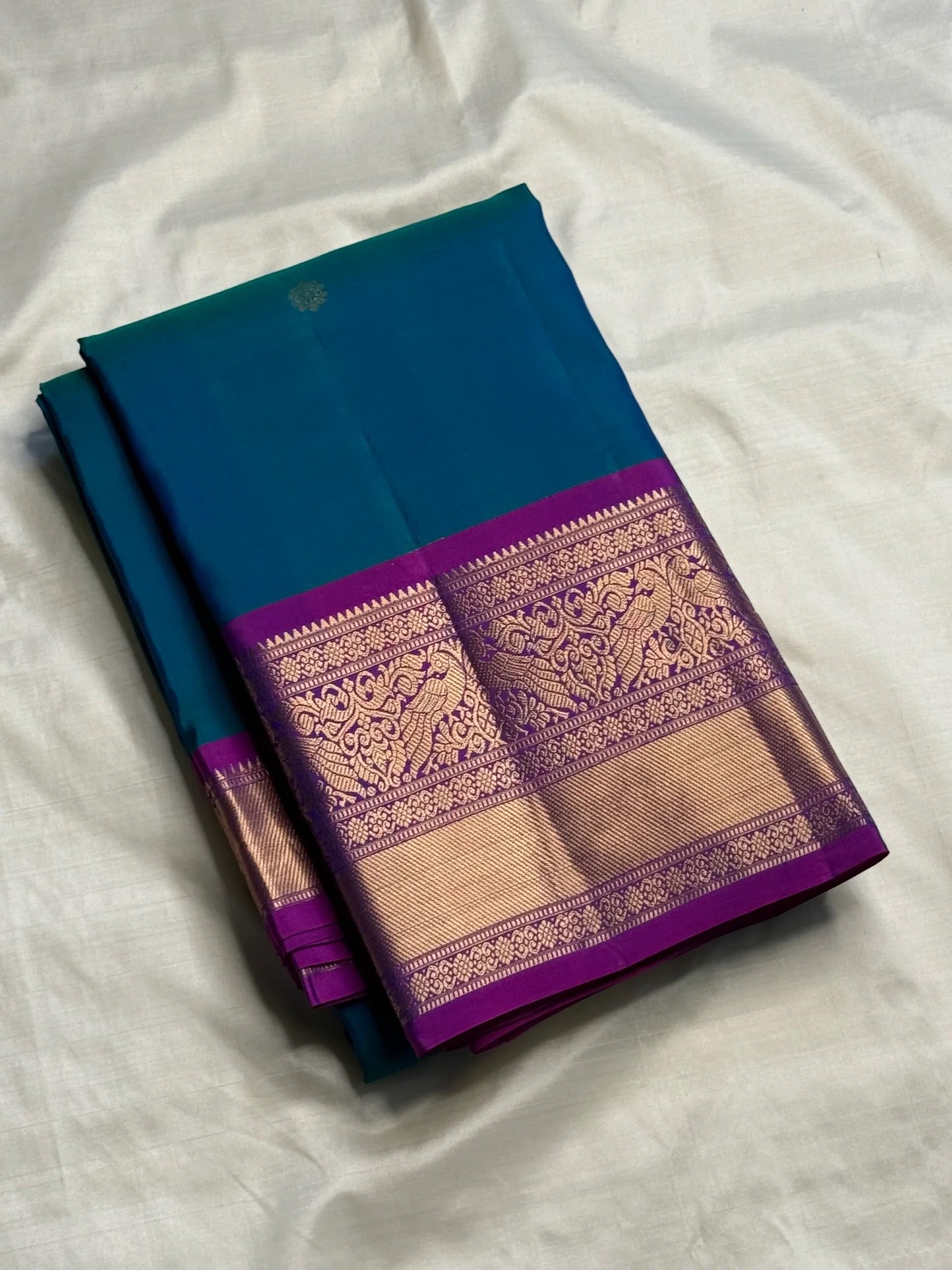 Peacock Blue pure silk Kancheepuram saree — peacock-neck motif, full drape