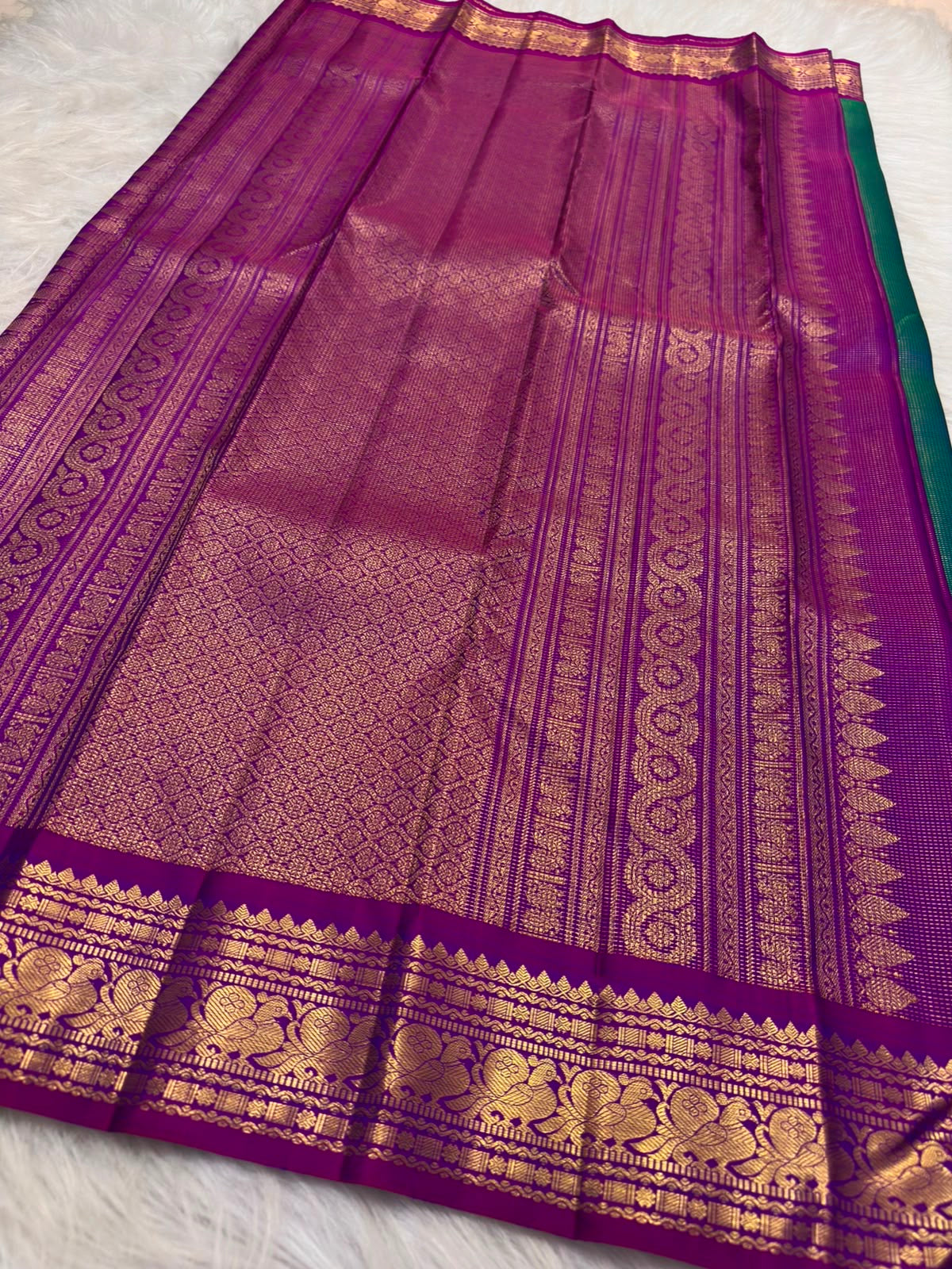 Mayil Kazhuthu pure silk Kanjipuram Vairaoosi saree, folded view — Idam Living